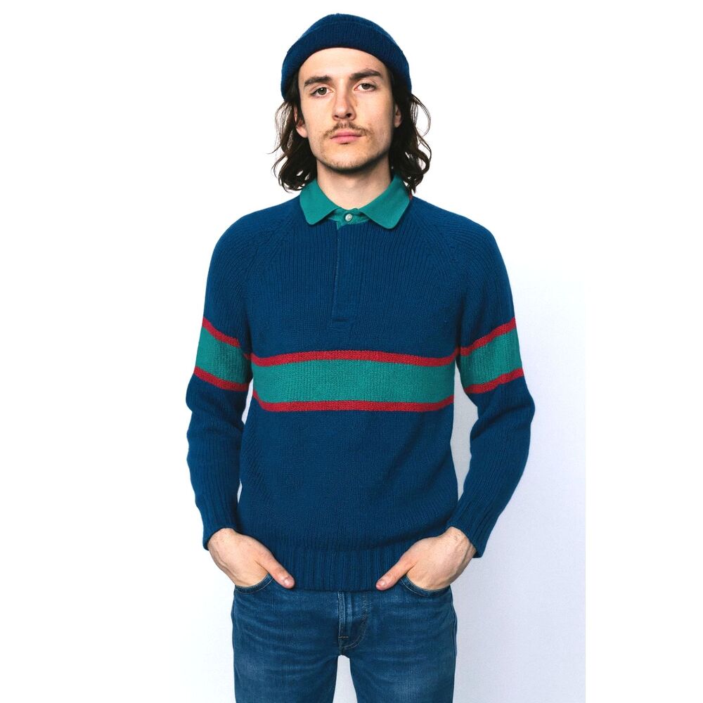 Vintage Merona Sport Blue Green Stripe Preppy Rugby Polo Sweater Shirt Mens XL
